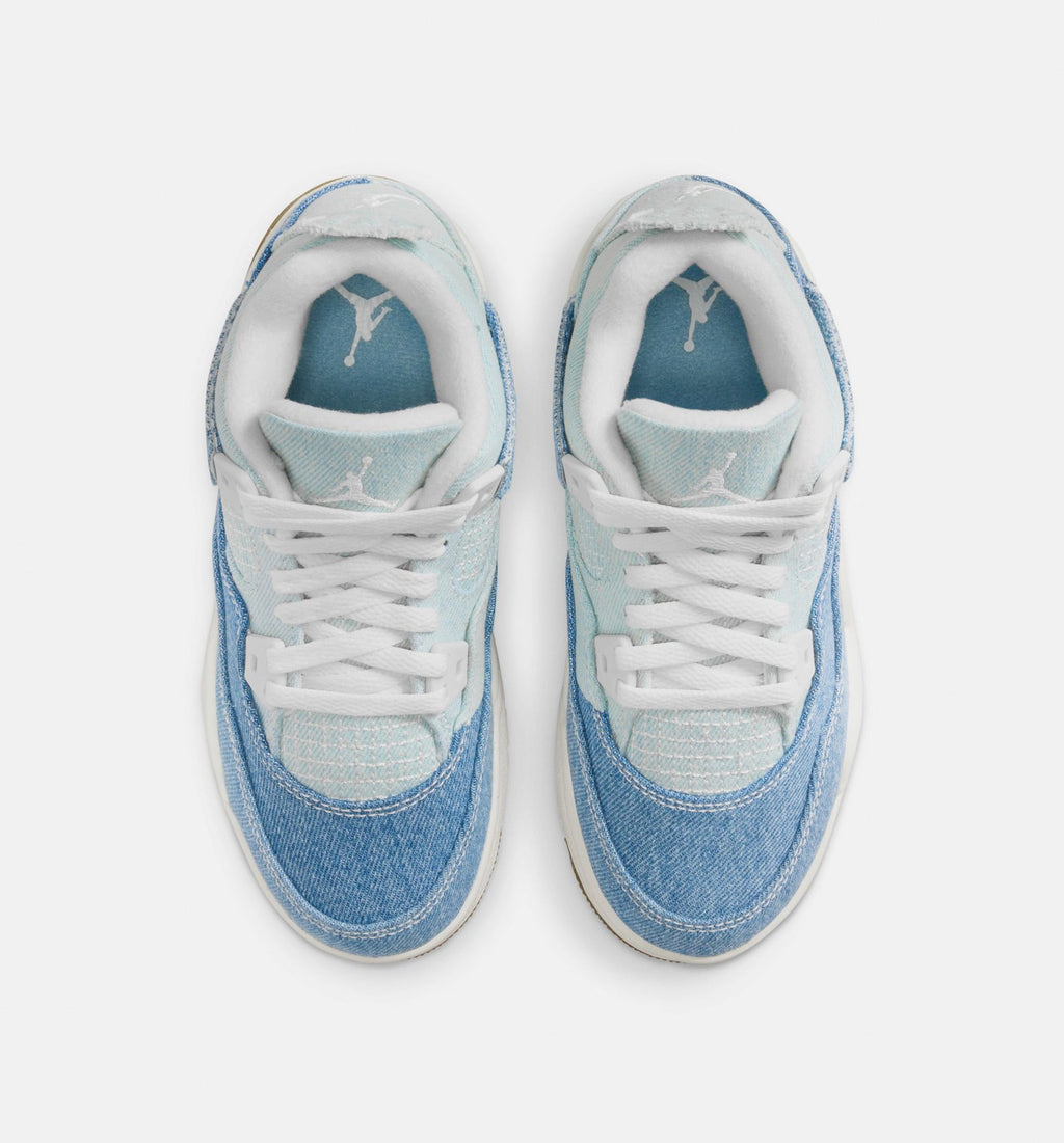 Air Jordan 4 Retro Worn Blue Preschool Lifestyle Shoes - Sail / Worn Blue / Metallic Gold
